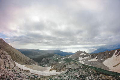 Scenic view of mountain range against cloudy sky