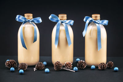 High angle view of christmas decorations against black background