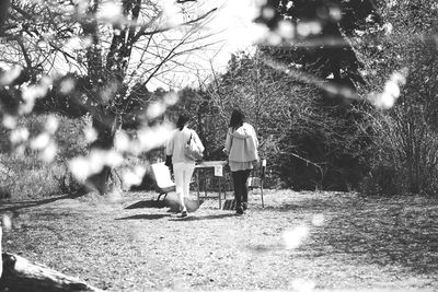 Rear view of women standing on field