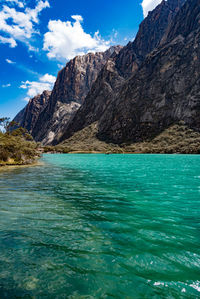 Scenic view of sea and mountains against blue sky