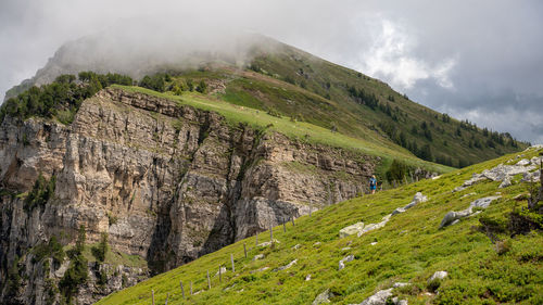 Scenic view of land and mountains against sky