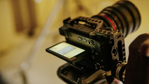 Close-up of camera on table