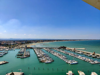 High angle view of harbor against sky