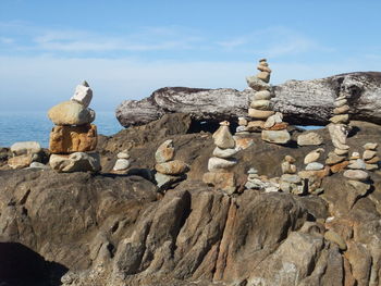 Rocks on sea shore against sky