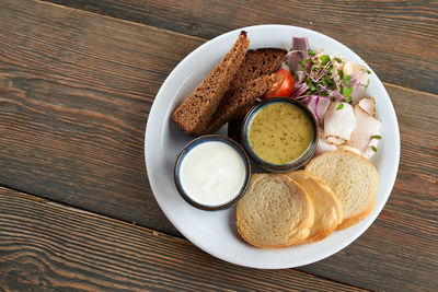 High angle view of breakfast served on table