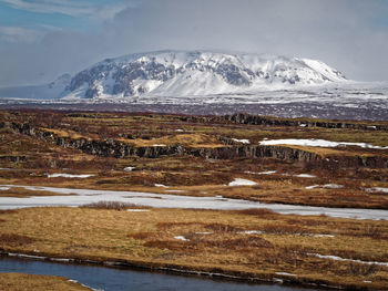 Scenic view of snowcapped mountains against sky