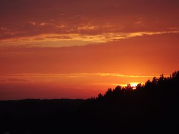 Silhouette trees against dramatic sky during sunset