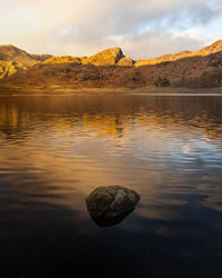 Scenic view of lake against sky at sunset