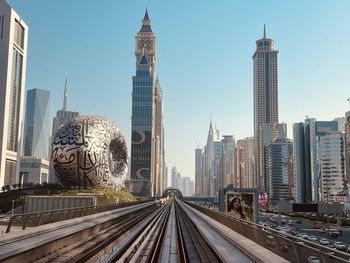 Low angle view of modern buildings against clear sky