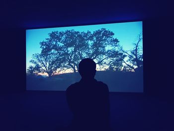 Rear view of silhouette woman standing against window