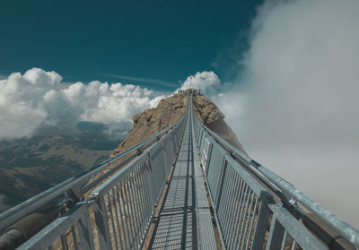 Low angle view of suspension bridge against cloudy sky
