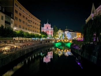 View of canal amidst buildings in city at night