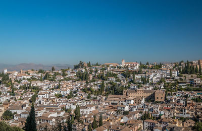 High angle shot of townscape against blue sky