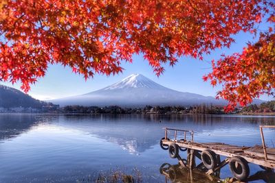 Scenic view of lake by trees against sky during autumn