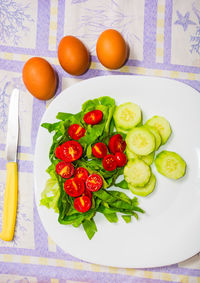 High angle view of breakfast served on table