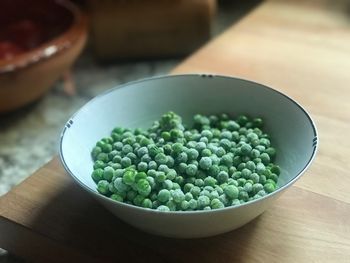 High angle view of salad in bowl on table