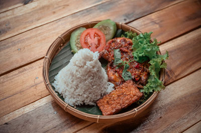 High angle view of food in plate on table