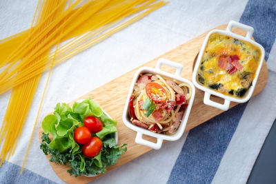 High angle view of food in plate on table