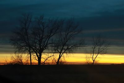 Silhouette bare trees on landscape against sunset sky