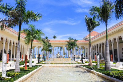 Road amidst palm trees and buildings against sky