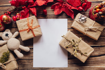 High angle view of christmas decorations on table