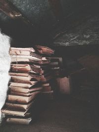 High angle view of stack on table