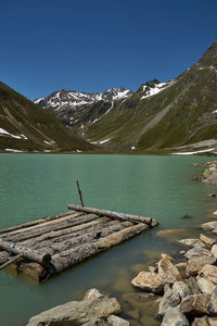 Scenic view of lake and mountains against clear sky