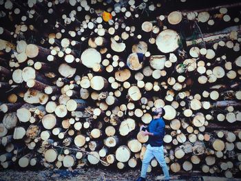 Rear view of man standing by logs