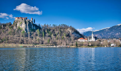 Scenic view of lake by buildings against blue sky