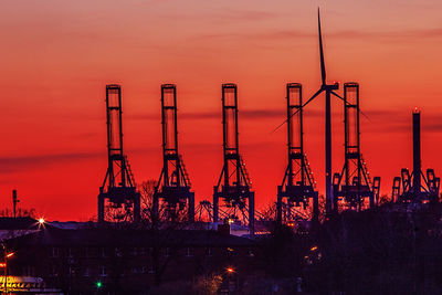 Silhouette of machinery against sky during sunset