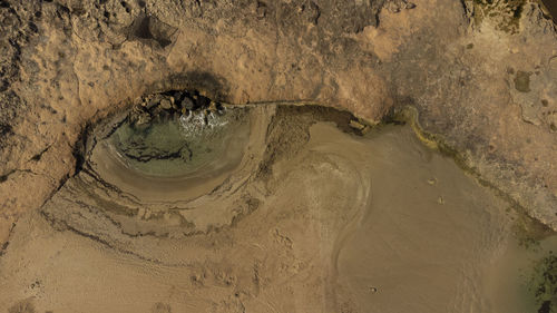 Abstract natural background with turquoise sea and rocks aerial view.