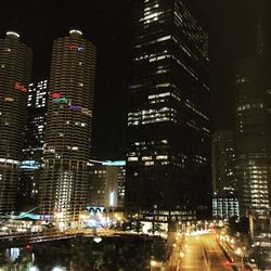 View of city lit up at night