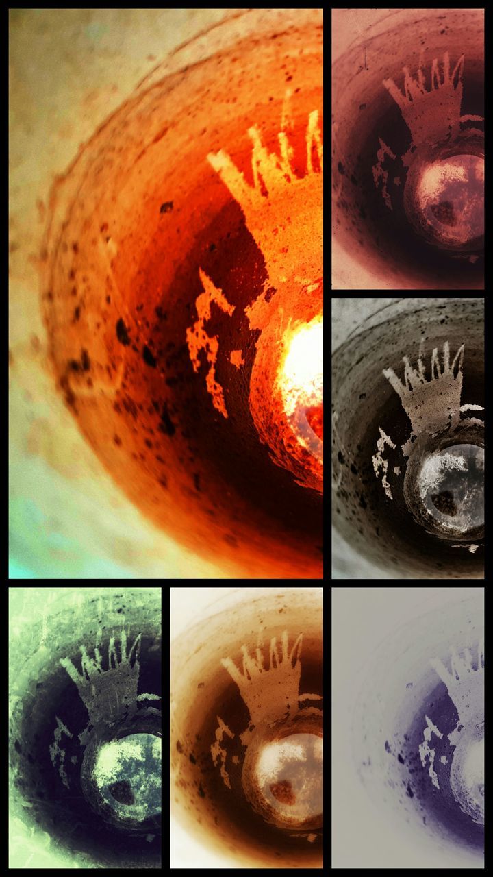 transfer print, indoors, close-up, auto post production filter, glass - material, circle, metal, no people, burning, still life, heat - temperature, old-fashioned, part of, old, flame, transparent, day, drink, high angle view, detail