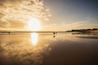 Silhouette person on beach against sky during sunset