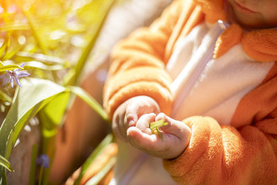 Midsection of baby holding plant