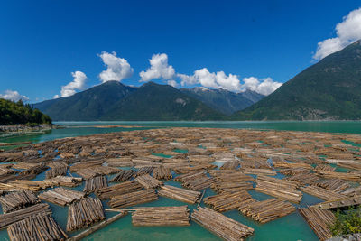 Scenic view of sea and mountains against blue sky