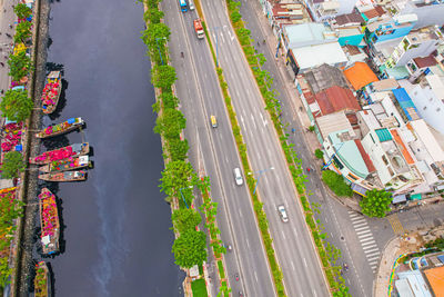 High angle view of buildings in city