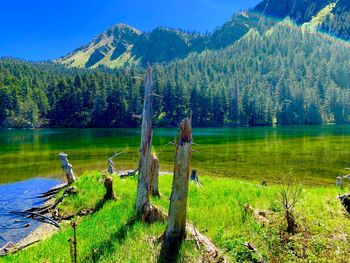 Scenic view of lake and mountains