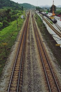 High angle view of railroad tracks against sky