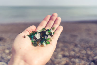 Close-up of hand holding colorful stones against sea