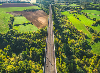 Aerial view of the railroad tracks for high-speed trains on the flyover. 