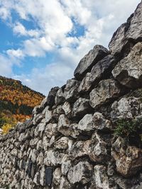 Low angle view of rock formation against sky