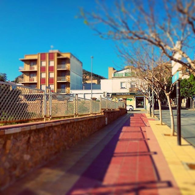 building exterior, architecture, built structure, blue, clear sky, the way forward, tree, city, railing, residential building, house, sky, residential structure, building, street, sunlight, outdoors, diminishing perspective, street light, roof