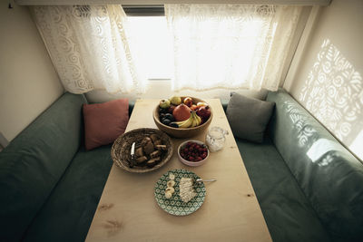 High angle view of breakfast on table at home