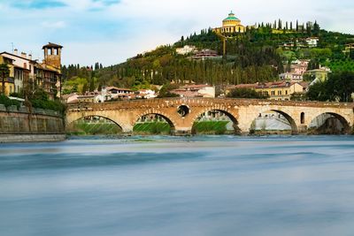 Bridge over river in city against sky