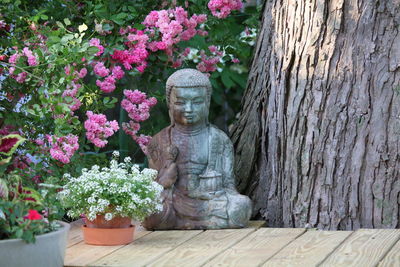 View of buddha statue in flower pot