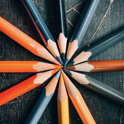 High angle view of multi colored pencils on table