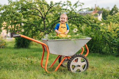 Cute baby boy in field