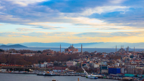 Panoramic view of buildings and city against sky during sunset