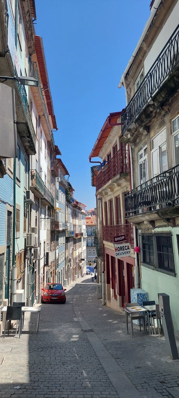 STREET AMIDST BUILDINGS IN CITY AGAINST SKY